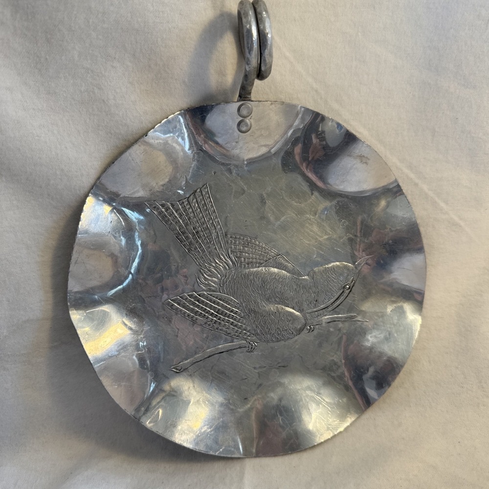 Vintage N.S.&Co Hand Hammered Aluminum Plate Etched Bird  Round  Dish/Crumb Tray